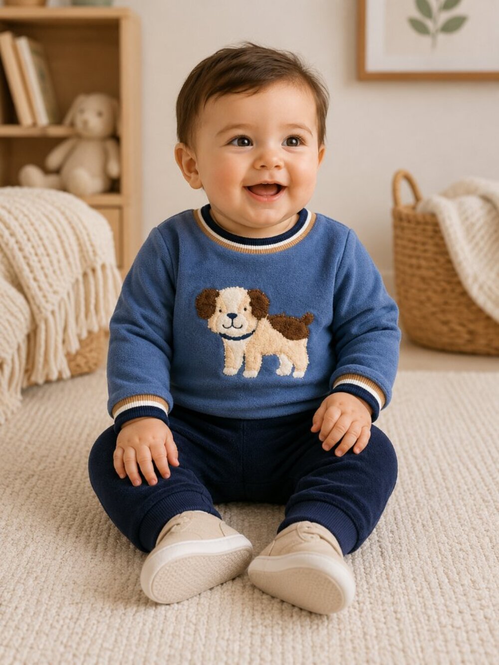 NWT Little Me Baby Boy 2 Piece Outfit Set Puppy Velour Blue & Navy Dog